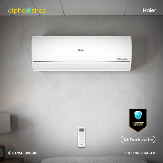 Haier UV Cool Pro Premium Series 1.6 Ton DC Inverter split air conditioner with remote control, model HR-3161-AC.