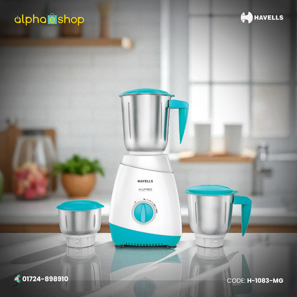 Havells Aspro 600W Mixer Grinder (H-1083-MG) in white and light blue, featuring three stainless steel jars. Available at Alphaeshop.
