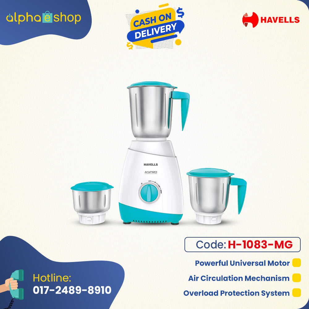 Havells Aspro 600W Mixer Grinder (H-1083-MG) in white and light blue with 3 stainless steel jars, universal motor, and overload protection.