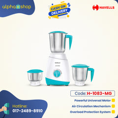 Havells Aspro 600W Mixer Grinder (H-1083-MG) in white and light blue with 3 stainless steel jars, universal motor, and overload protection.