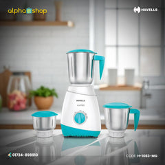Havells Aspro 600W Mixer Grinder (H-1083-MG) in white and light blue, featuring three stainless steel jars. Available at Alphaeshop.