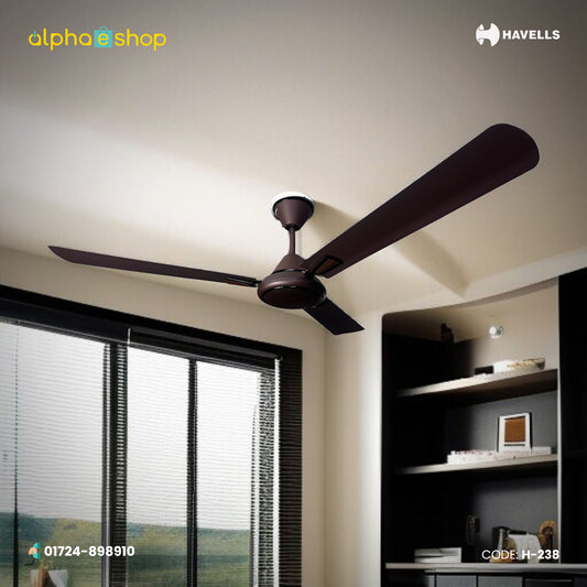 Havells Crew Deco 56-inch brown ceiling fan with 3 blades and a sleek decorative motor design, model H-238.