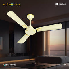 Havells Crew Deco 56-inch ivory ceiling fan with 3 blades and decorative gold accents, model H-237.