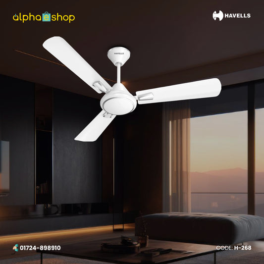 Havells Crew Deco 56-inch pearl white ceiling fan with 3 blades and decorative blade accents, model H-268.