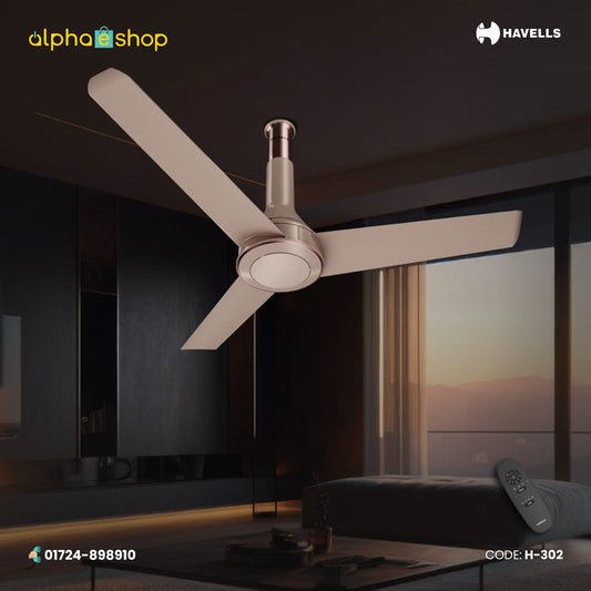 Havells Crista 1200mm Champagne Cola BLDC ceiling fan with 3 blades, dust-resistant finish and remote control, model H-302.