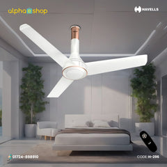 Havells Crista 1200mm pearl white BLDC ceiling fan with 3 blades, dust-resistant coating and remote control, model H-296.