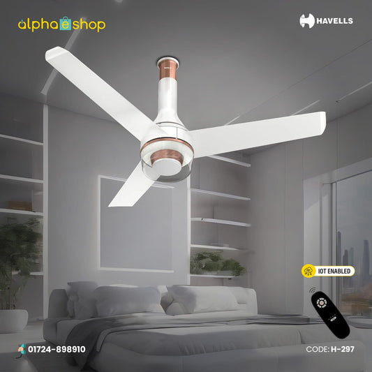 Havells Crista UL 1200mm pearl white BLDC ceiling fan with IoT, remote control and dust-resistant finish, model H-297.