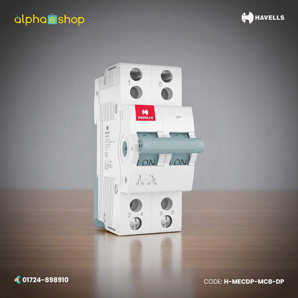 Havells DP miniature circuit breaker (MCB) with 10 kA breaking capacity and double-pole design, model H-MECDP-MCB-DP.