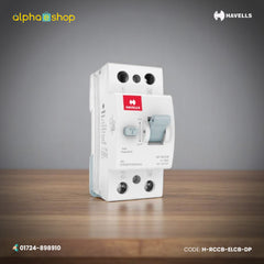 Havells double pole RCCB/ELCB with 16A rating, 30mA residual current protection and test button, model H-RCCB-ELCB-DP.