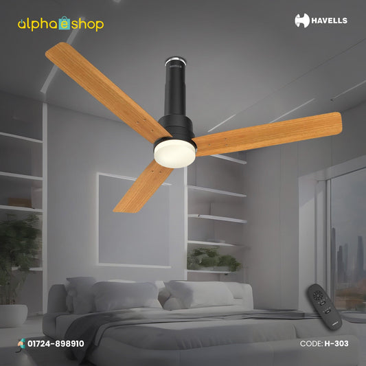 Havells Elio Prime UL 1200mm BLDC ceiling fan with RF remote, 3 pine wood blades and matte black finish, model H-303.