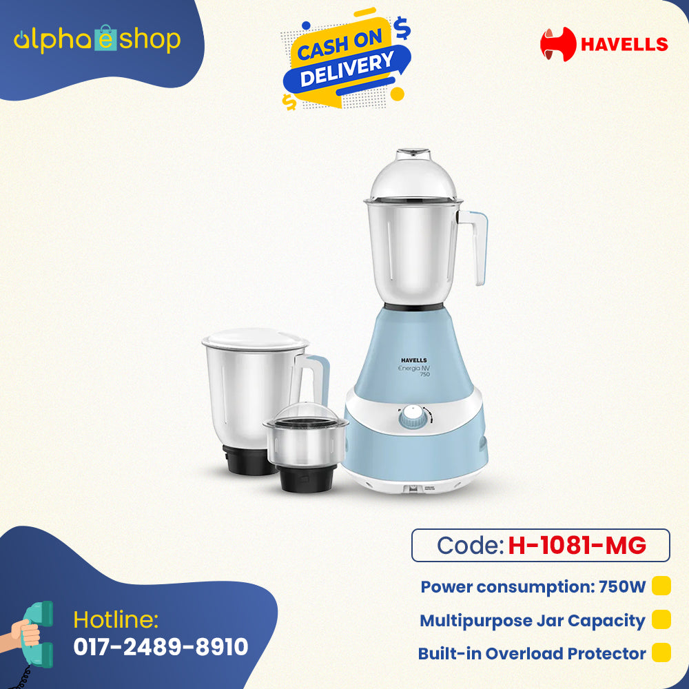 Havells Energia 750W Mixer Grinder (H-1081-MG) in blue with 3 stainless steel jars, built-in overload protector, and multipurpose capacity. Available at Alphaeshop.