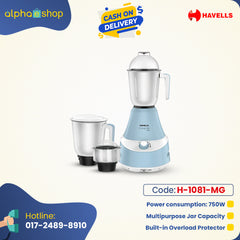 Havells Energia 750W Mixer Grinder (H-1081-MG) in blue with 3 stainless steel jars, built-in overload protector, and multipurpose capacity. Available at Alphaeshop.