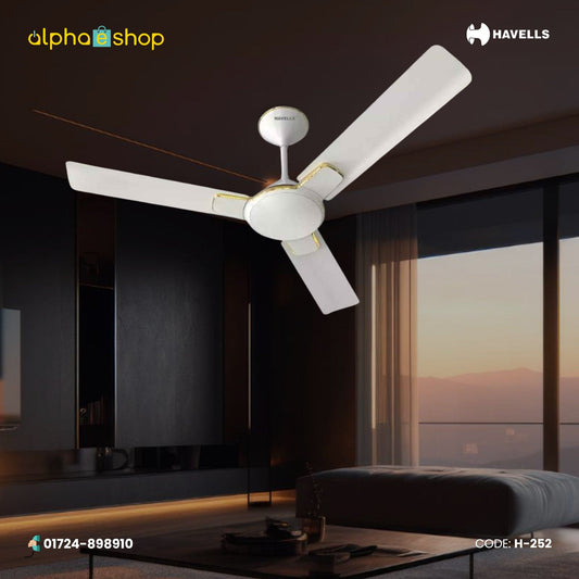 Havells Enticer 36-inch pearl white gold ceiling fan with decorative metallic accents, model H-252.