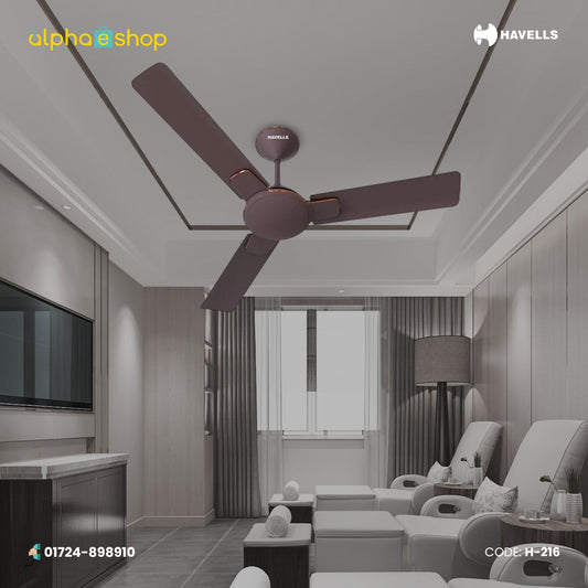 Havells Enticer 56-inch espresso brown copper ceiling fan with 3 blades and decorative copper accents, model H-216.