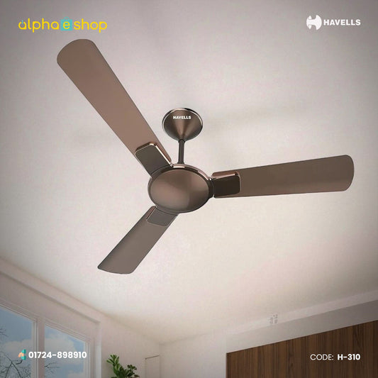 Havells Enticer 56-inch pearl brown ceiling fan with 3 blades and decorative bronze accents, model H-310.