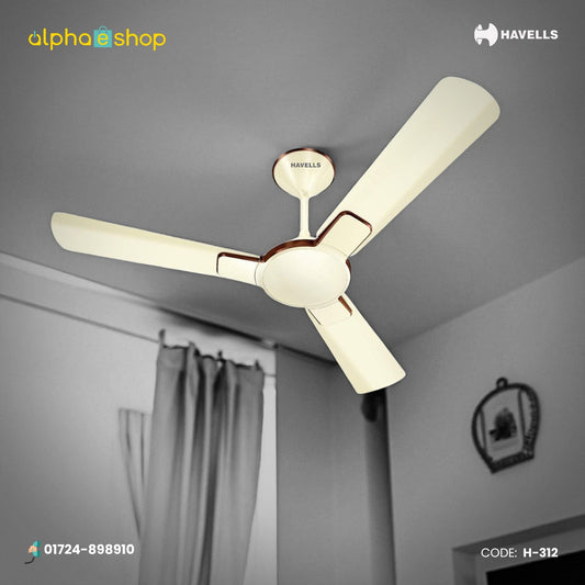 Havells Enticer 56-inch pearl ivory chrome ceiling fan with 3 blades and decorative chrome accents, model H-312.