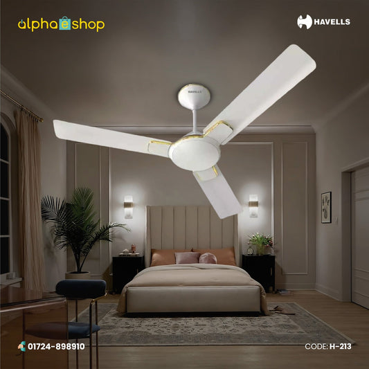 Havells Enticer 56-inch pearl white gold ceiling fan with 3 blades and decorative gold accents, model H-213.