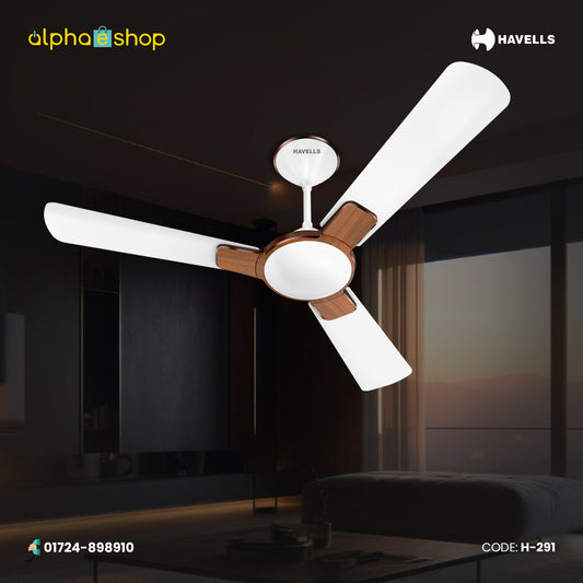 Havells Enticer Art 56-inch ceiling fan with 3 white blades and rosewood decorative accents, model H-291.