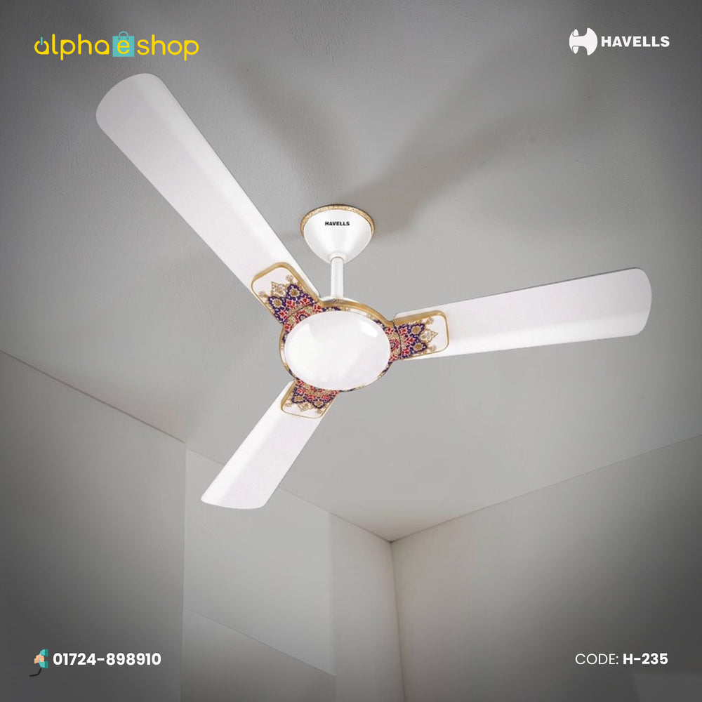 Havells Enticer Art Aafreen 56-inch pearl white ceiling fan with 3 blades, gold trim and colorful decorative accents, model H-235.