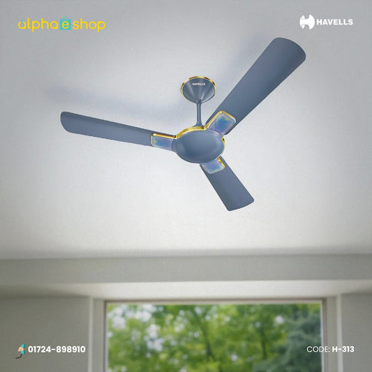 Havells Enticer Art Aqua 56-inch ceiling fan with 3 sapphire blue blades and decorative gold accents, model H-313.
