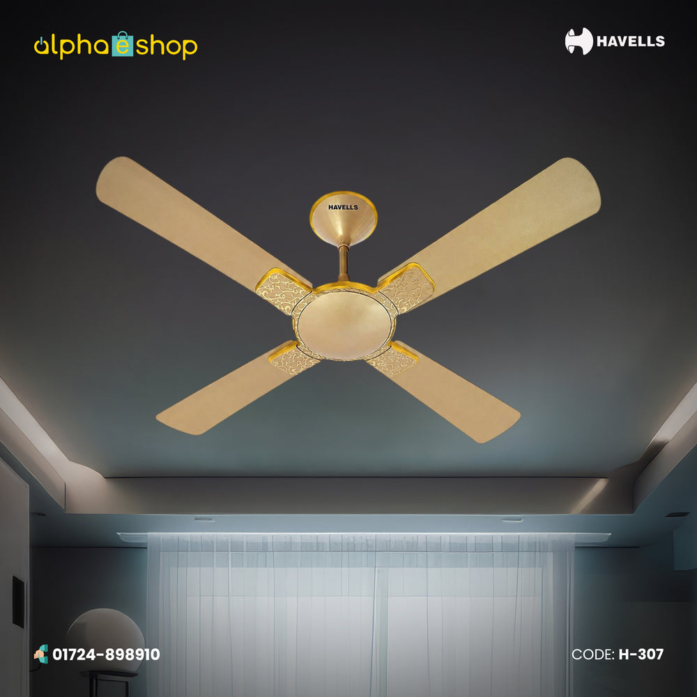 Havells Enticer Hues 56-inch gold ceiling fan with 4 blades and decorative patterned blade accents, model H-307.