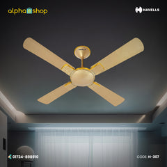 Havells Enticer Hues 56-inch gold ceiling fan with 4 blades and decorative patterned blade accents, model H-307.