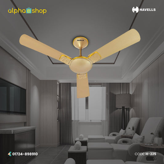 Havells Enticer Hues 56-inch gold ceiling fan with 3 blades and decorative patterned accents, model H-225.