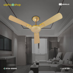 Havells Enticer Hues 56-inch gold ceiling fan with 3 blades and decorative patterned accents, model H-225.