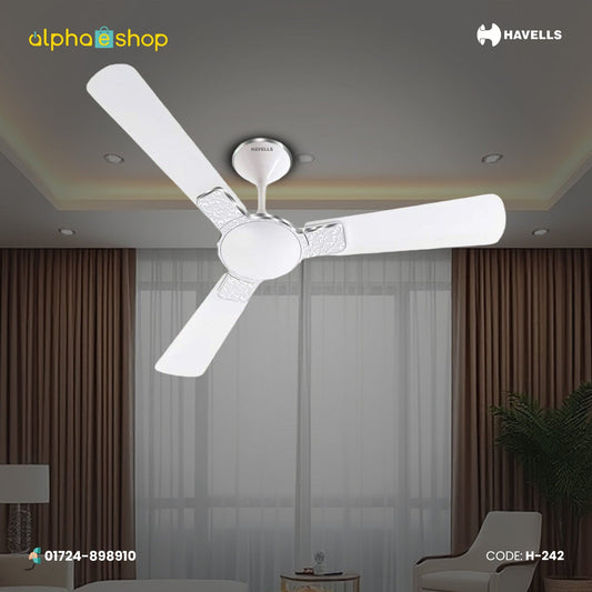 Havells Enticer Hues 56-inch white ceiling fan with 3 blades and decorative blade accents, model H-242.