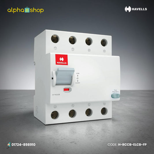 Havells four pole residual current circuit breaker RCCB ELCB in white with test button. Available at Alphaeshop.