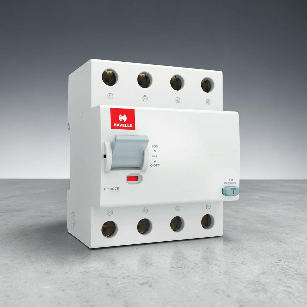 Havells four pole residual current circuit breaker RCCB ELCB in white with test button. Available at Alphaeshop.