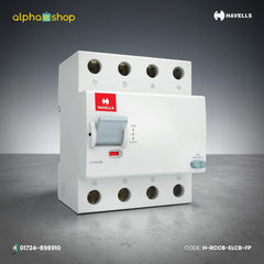 Havells four pole residual current circuit breaker RCCB ELCB in white with test button. Available at Alphaeshop.