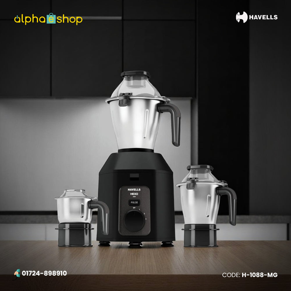 Havells Hexo Plus 1100W Mixer Grinder (H-1088-MG) in black with three stainless steel jars. Available at Alphaeshop.