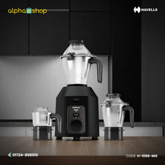 Havells Hexo Plus 1100W Mixer Grinder (H-1088-MG) in black with three stainless steel jars. Available at Alphaeshop.