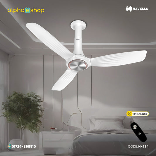 Havells Inox UL 1200mm white ceiling fan with 3 ribbed ABS blades, IoT connectivity and remote control, model H-294.
