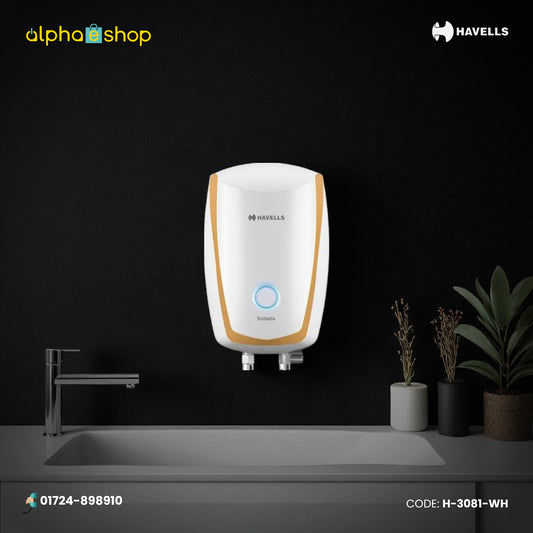 Havells Instanio 3L instant water geyser in white and gold with wall-mounted design and front status indicator.