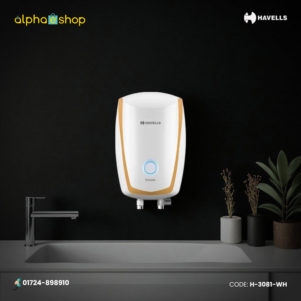 Havells Instanio 3L instant water geyser in white and gold with wall-mounted design and front status indicator.