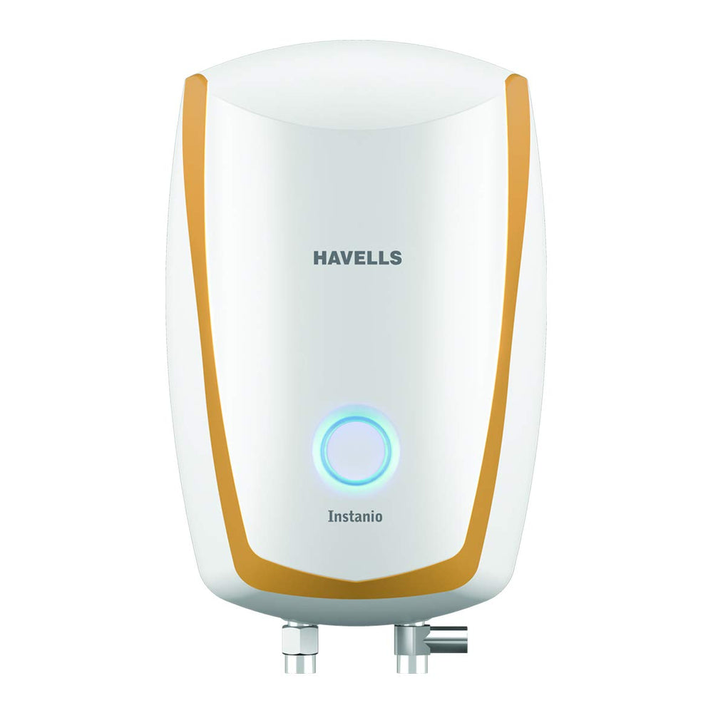 Havells Instanio 3L instant water geyser in white and gold with compact design and illuminated front status indicator.