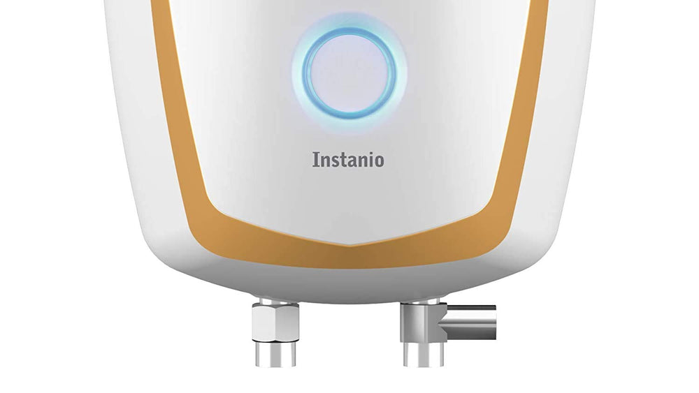 Havells Instanio 3L instant water geyser in white and gold with illuminated status ring and visible inlet-outlet connections.