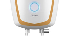 Havells Instanio 3L instant water geyser in white and gold with illuminated status ring and visible inlet-outlet connections.