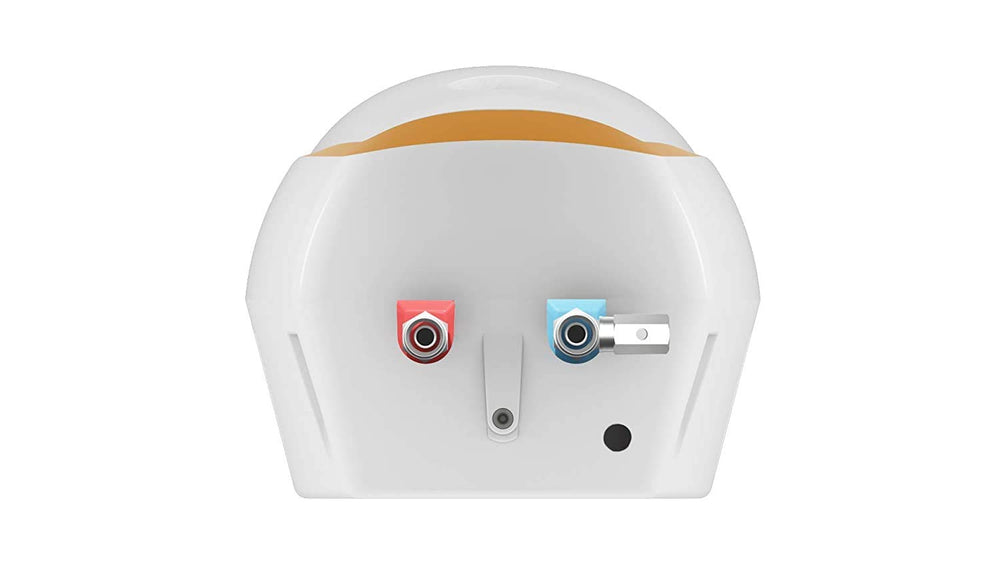 Havells Instanio 3L instant water geyser bottom view with red and blue hot-cold water connection ports.