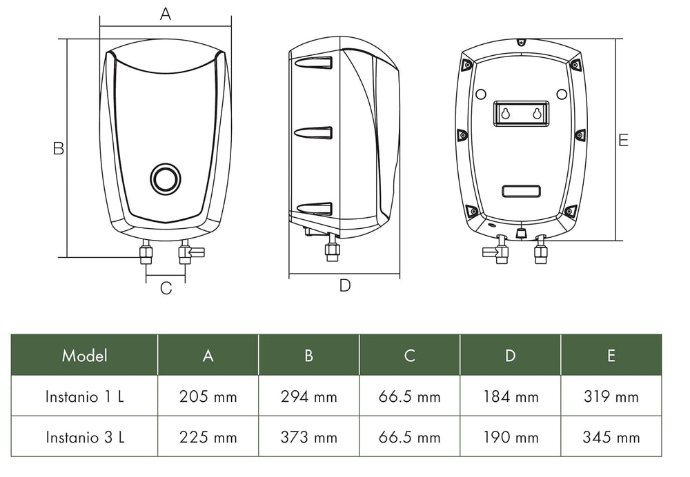 Havells Instanio 3L instant water geyser dimension guide showing 225 mm width, 373 mm height and 190 mm depth.