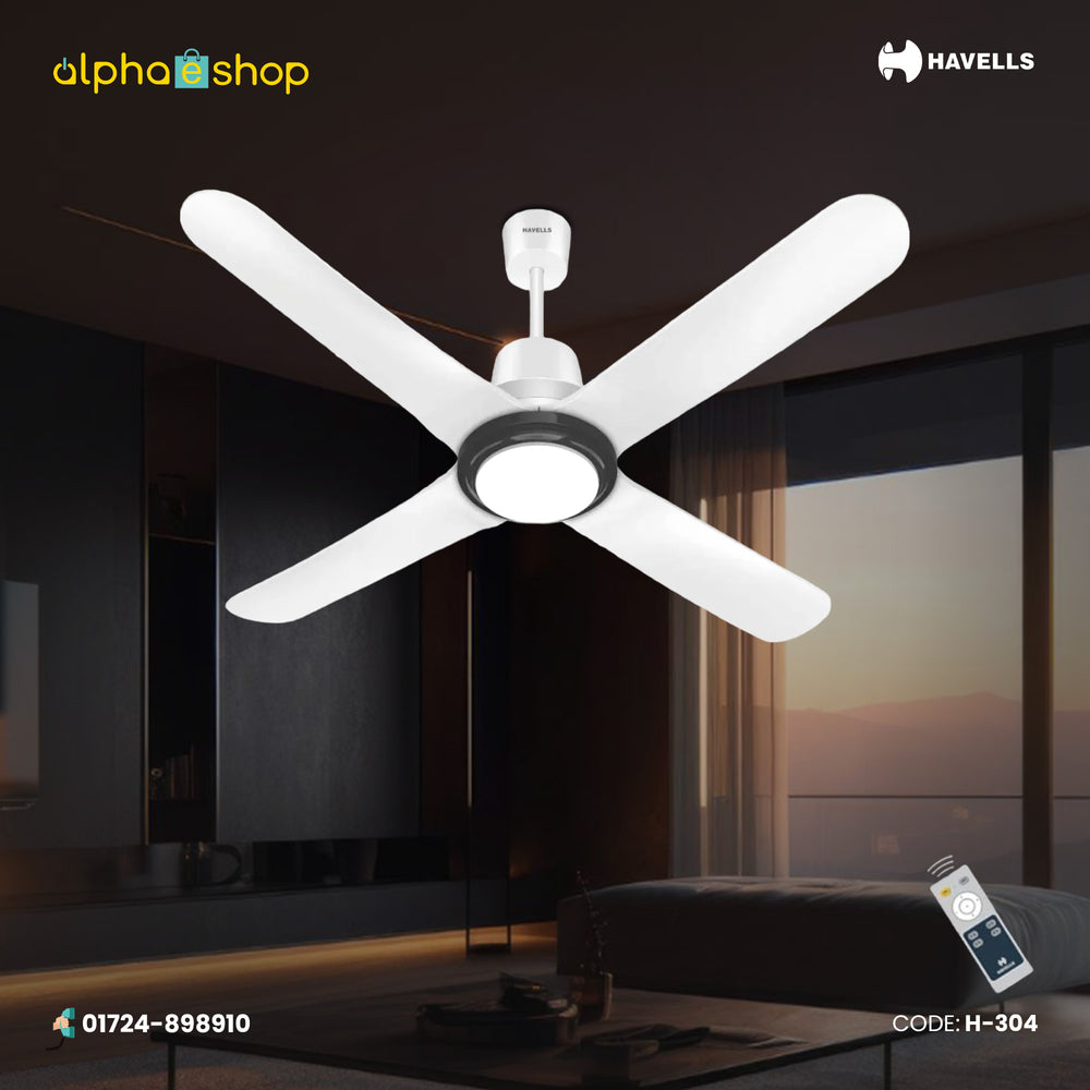 Havells Libeccio BLDC UL 1200mm pearl white ceiling fan with 4 ABS blades, underlight and RF remote control, model H-304.