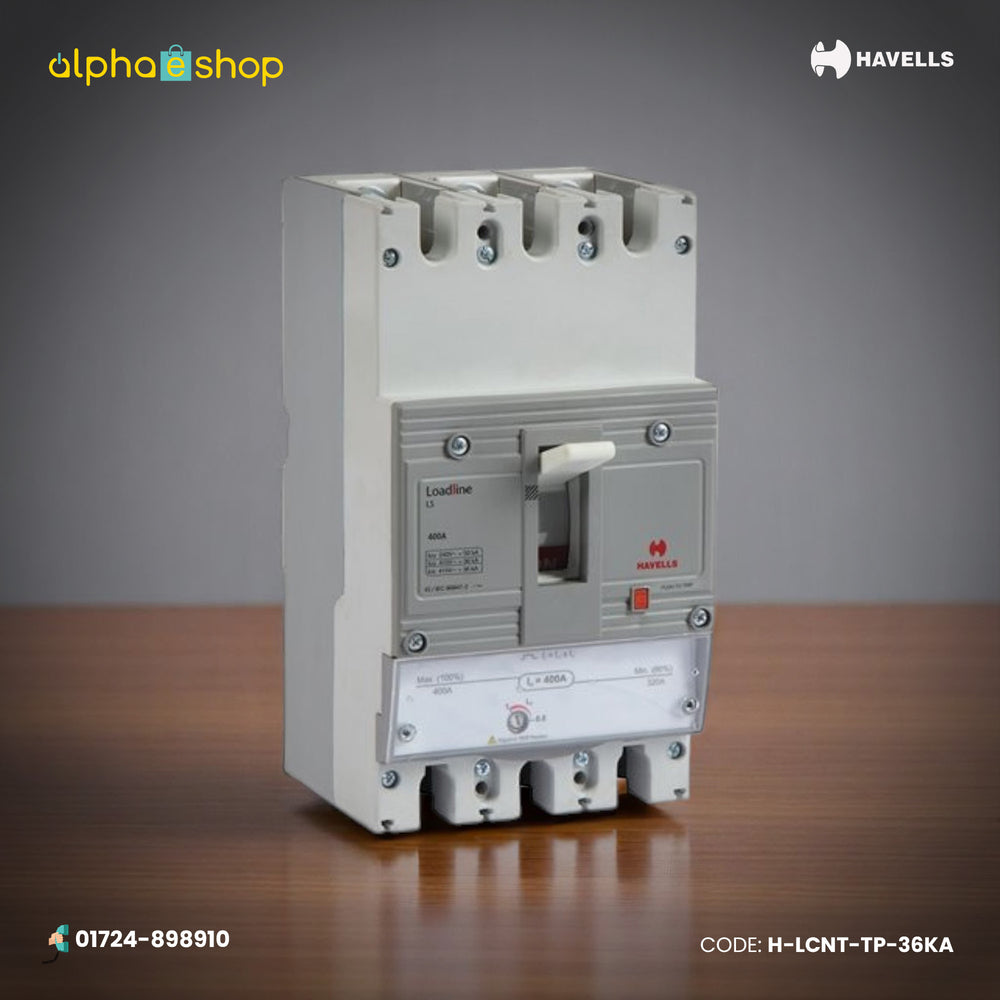 Havells Loadline TP moulded case circuit breaker (MCCB) with 36 kA breaking capacity, model H-LCNT-MCCB-TP-36KA.