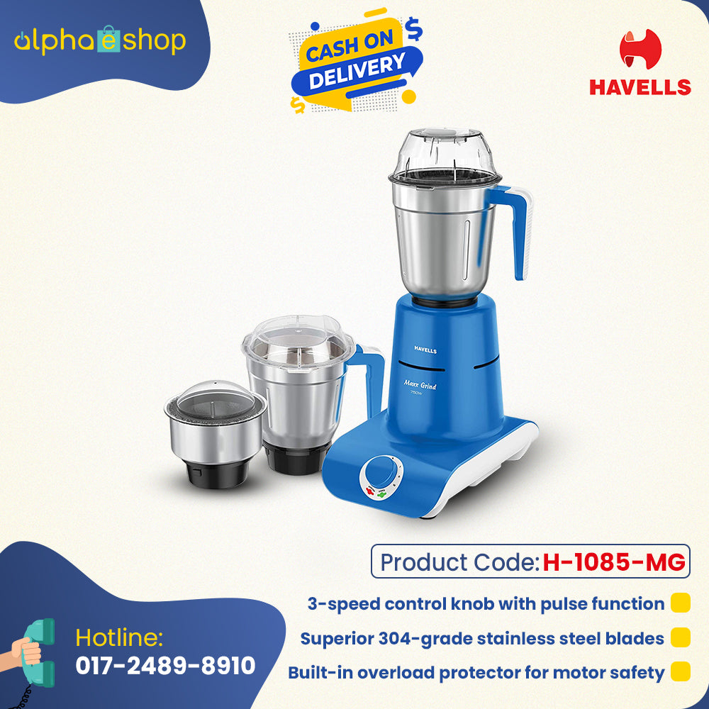 Havells Maxx Grind 750W Mixer Grinder (H-1085-MG) in blue with 3 stainless steel jars, 3-speed control, and overload protector. Available at Alphaeshop.