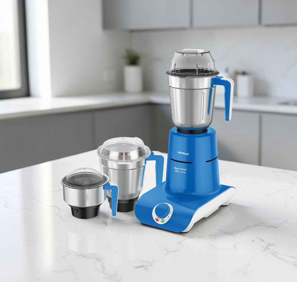 Havells Maxx Grind Plus 750W mixer grinder in blue and white with three stainless steel jars, model H-1085-MG.