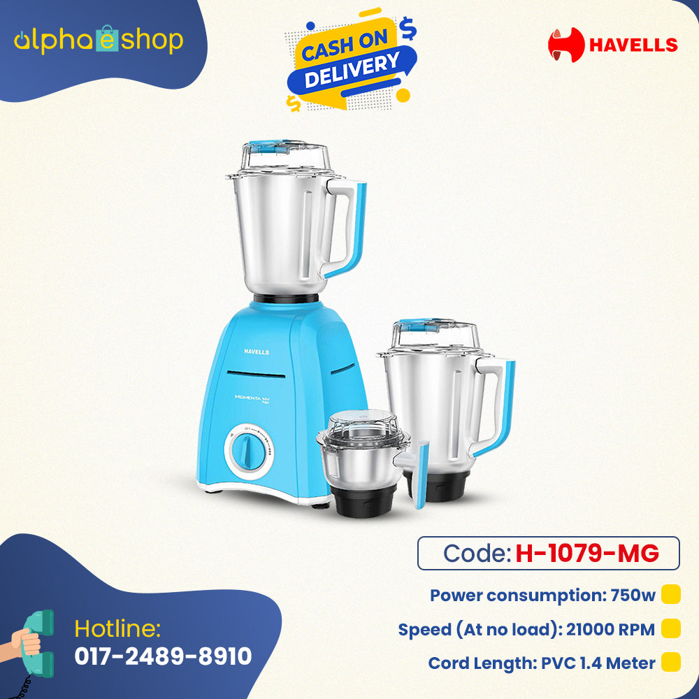 Havells Momenta NV 750W Mixer Grinder (H-1079-MG) in blue with 3 stainless steel jars, 21000 RPM, and 1.4m cord. Available at Alphaeshop.
