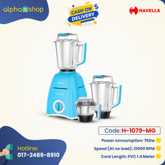 Havells Momenta NV 750W Mixer Grinder (H-1079-MG) in blue with 3 stainless steel jars, 21000 RPM, and 1.4m cord. Available at Alphaeshop.