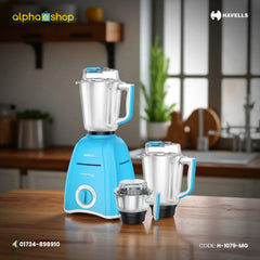 Havells Momenta NV 750W Mixer Grinder (H-1079-MG) in blue, featuring three stainless steel jars. Available at Alphaeshop.