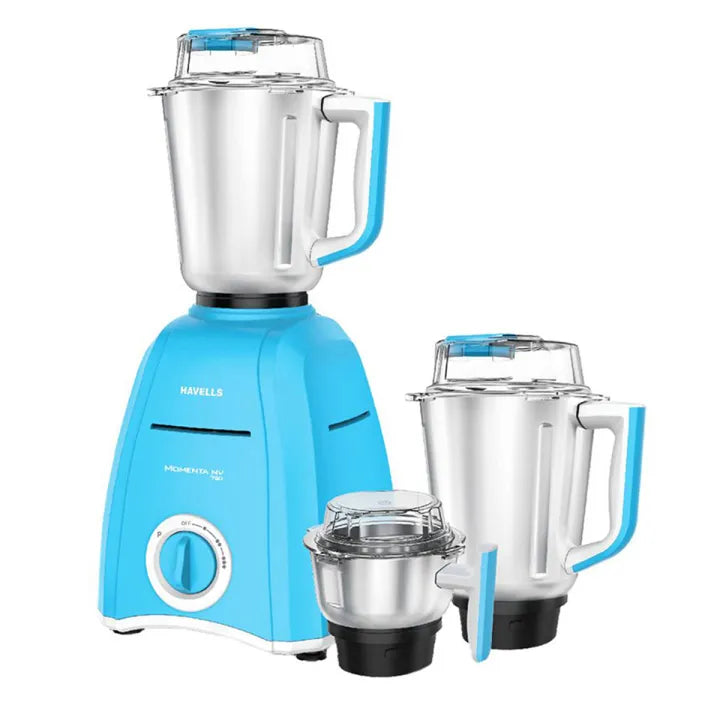 Havells Momenta NV 750W mixer grinder with three stainless steel jars and blue-white body, model H-1079-MG.